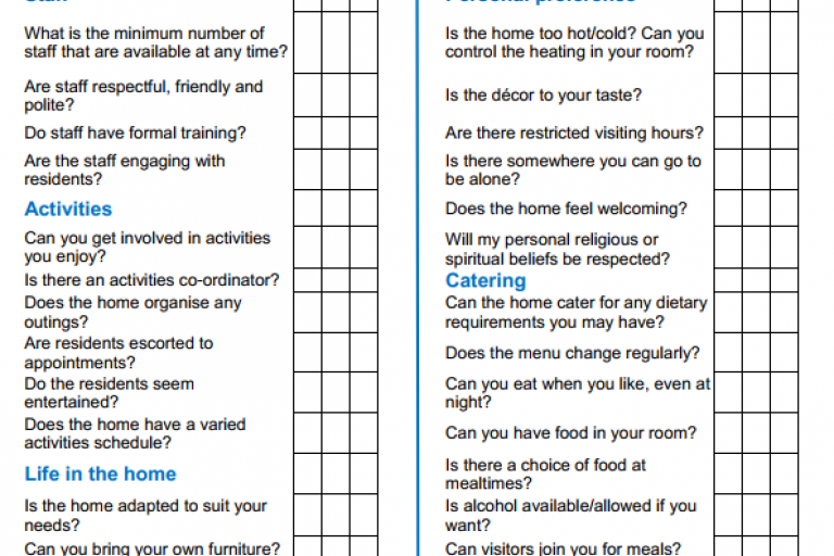 A checklist to help when looking for a Care Home
