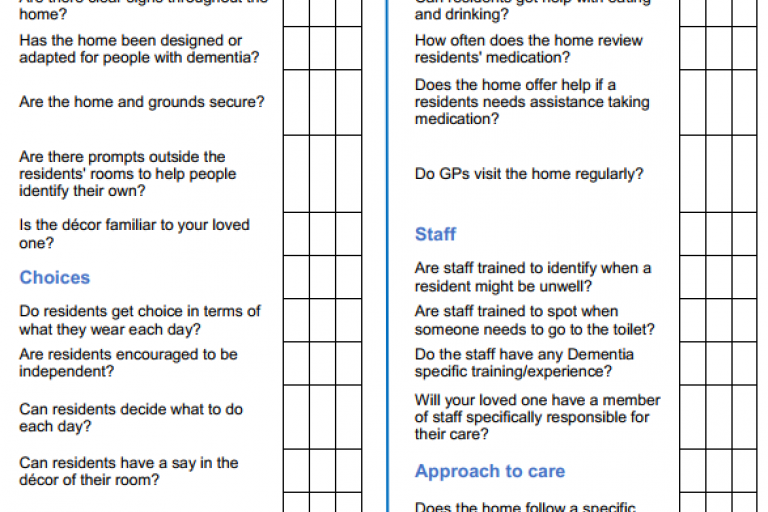 A checklist to help when looking for Dementia Care